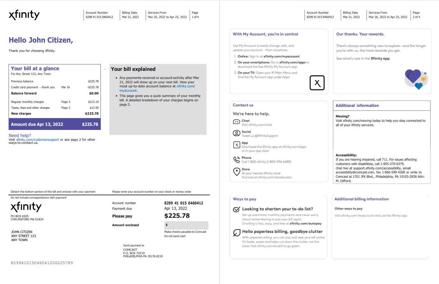 USA Philadelphia Xfinity utility bill Word and PDF template, 4 pages 1 2